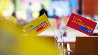 Zwei Fähnchen mit dem FDP-Logo stehen auf einem Tisch (Foto: picture alliance/dpa | Daniel Karmann)