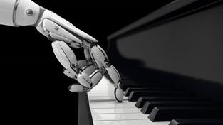 Roboterhand drückt die Tasten eines Pianos (Foto: IMAGO / Science Photo Library)