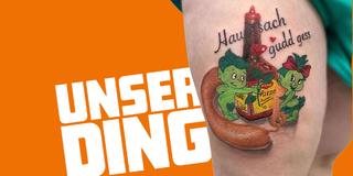 Saarland-Tattoo auf einem Oberschenkel: Lyoner, Maggi, die Saarlodris und der Slogan "Hauptsach gudd gess". (Foto: Instagram/tattooartistangel)